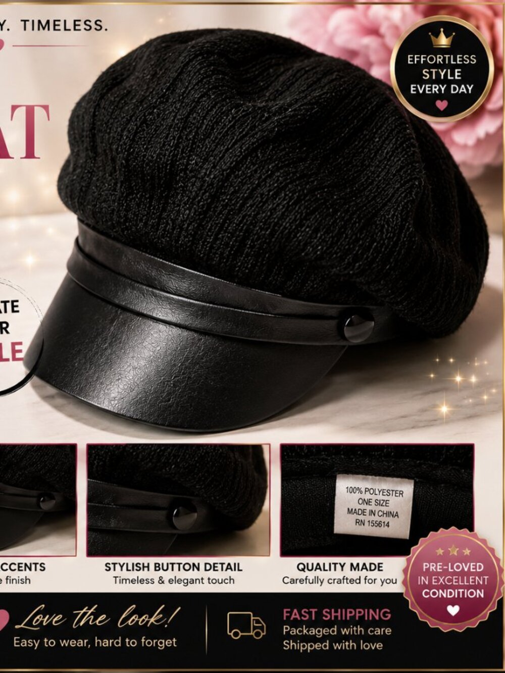 Black Knit Cadet Hat with Faux Leather Brim | One Size | Classic Newsboy Cap